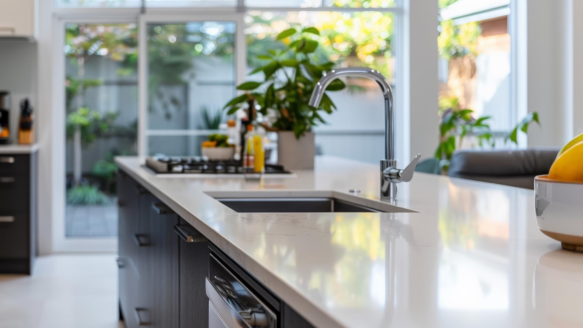 A modern kitchen countertop with a stainless steel sink and faucet, featuring a gas stove in the background. There are plants visible through large windows, adding natural light and greenery to the space.